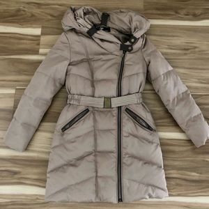 Nine West Down Puffer Jacket Hooded with Belt in Brown Taupe, Size Medium